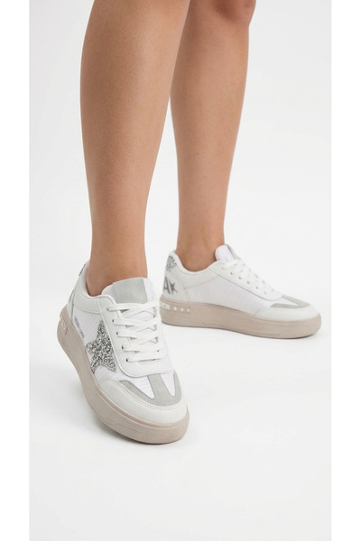 Limeo Women's Shiny Star Detailed Beige Sole Casual Lace-Up Sports Shoes Sneaker