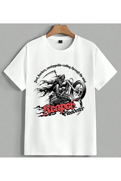 ELFERA Μπλουζάκι Reaper Roadster με στάμπα μοτοσικλέτας, Unisex, Oversize, Λευκό