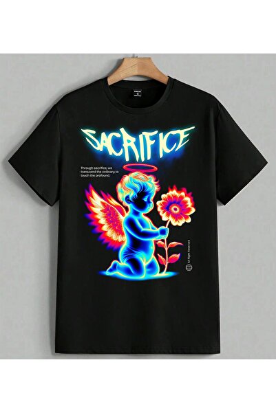 ELFERA Sacrifice Angel Neon Color Printed Unisex Oversize T-Shirt Black