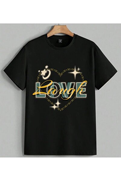 ELFERA Love Written Heart Printed Unisex Oversize T-Shirt Black