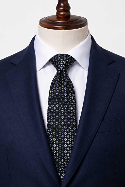 Kravatkolik Navy Blue Green Floral Pattern Italian Silk Tie İk2537