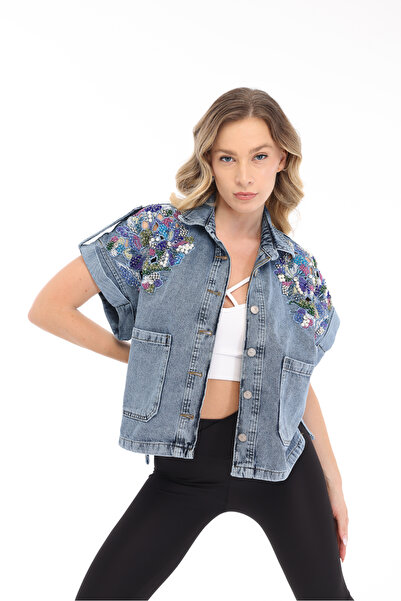 RENGARENG Women's Designer Denim Vest with Colorful Stone and Bead Detailing,...