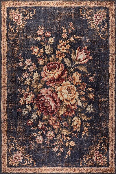 ARTLOOP Florart Lacivert Goblen Vintage Çiçek Desenli Dokuma Tabanlı Şönil Ha...