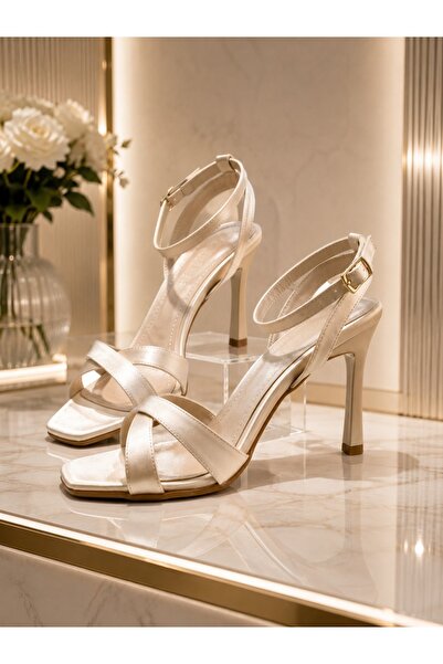 Acarbey Tarhan Women's Cross-Strapped Stylish Cream Satin Evening Dress Shoes