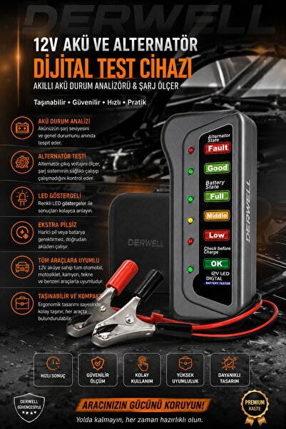 Derwell 12V Akü Ve Alternatör Dijital Test Cihazı Araç Oto Arıza Tespit Ölçüm...