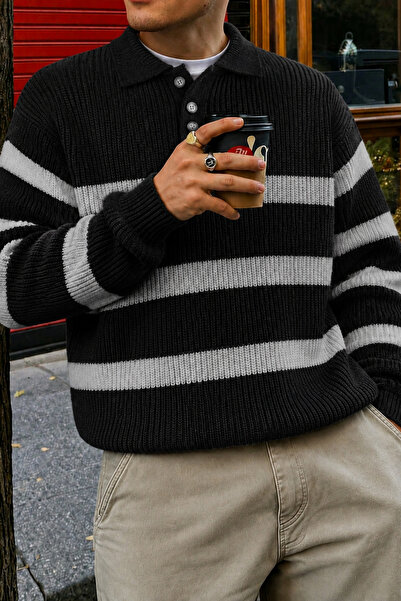 Tarz Cool Men's Striped Polo Collar Knitwear Sweater Regular Comfortable Fit ...