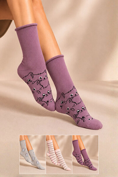 KARDEŞLER ÇORAP Women's Cotton Elasticless Patterned Socks Multi-Colored 3-Pack