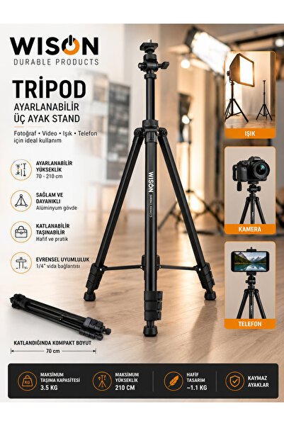 wison Profesyonel Tripod 210 cm Ayarlanabilir Işık ve Kamera Standı