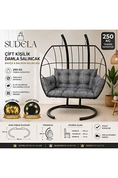 SUDELA Çift Kişilik Damla Salıncak 140 cm Premium Minderli Bahçe ve Balkon Sa...