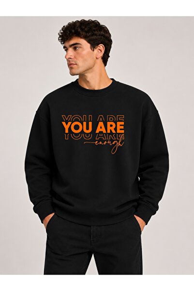 herkesemoda You Are Print Detailed Crew Neck 2 Thread Sweatshirt with Embroidery