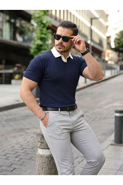 pazarella Men's Collar Detailed Patterned Textured Knitwear T-Shirt