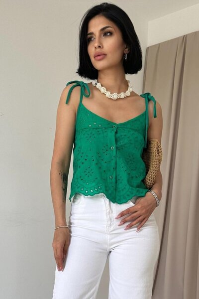 pazarella Green Lace-Up Brode Blouse