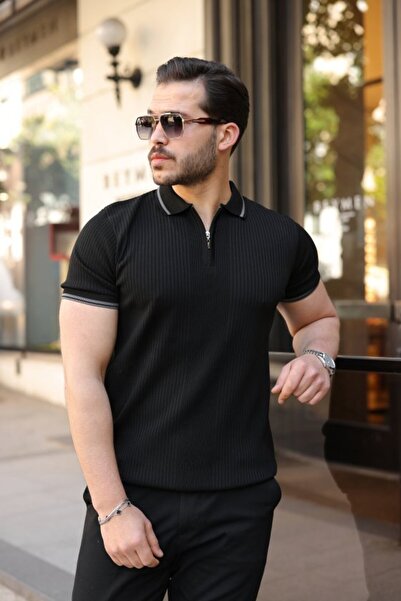 pazarella Men's Line Patterned Zipper Collar Short Sleeve T-Shirt