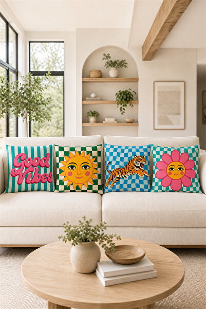 dekomingo Retro Pop Art Dekoratif Kırlent Kılıfı 4'lü Set Good Vibes Güneş Çi...
