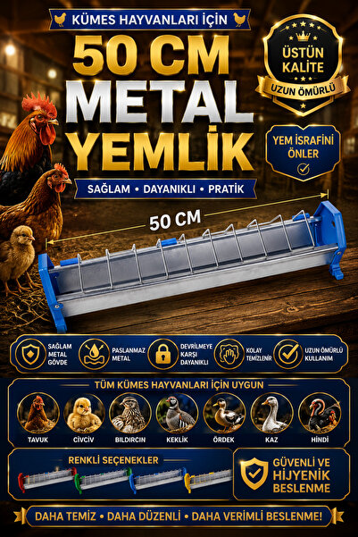Petshop Kümes Hayvanları İçin 50 Cm Renkli Galvaniz Metal Yemlik – Tavuk, Civ...