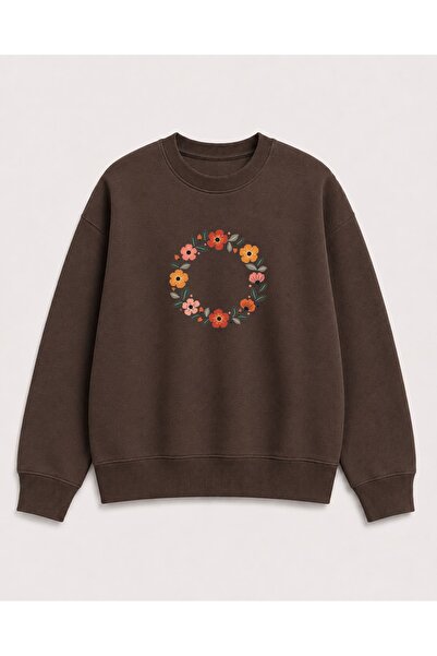 herkesemoda Ring Flowers Print Detailed Shirred 2 Thread Crew Neck Sweatshirt