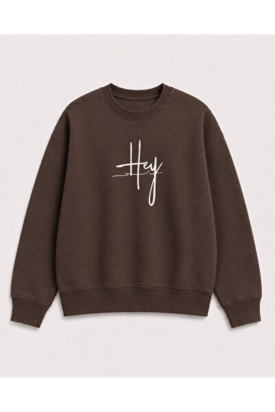 herkesemoda Hey Text Print Detailed Embroidered 2 Thread Crew Neck Sweatshirt