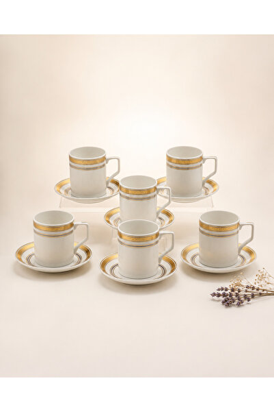 Alakhmas 12Pcs Ivory White and Gold Trim Tea Cup and Saucer Set