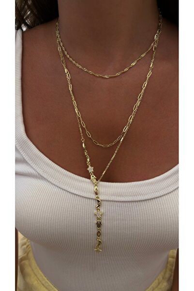 Glowisters Jewelry Kadın Üçlü Kombin Kolye - Çelik Üzeri 14K Altın Kaplama Ço...