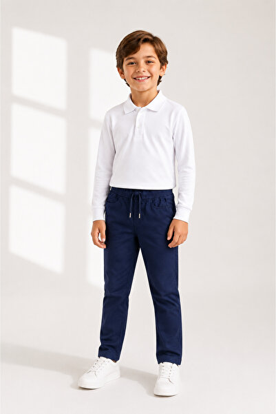 tinytrends Erkek Çocuk Okul Kombini Beyaz Uzun Kollu Polo Yaka Tişört & Lastikli Okul Pantolonu