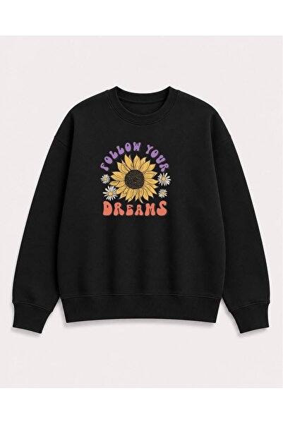 herkesemoda Sunflower Printed 2 Thread Threaded Crew Neck Sweatshirt
