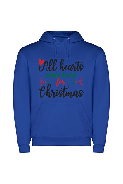 iLovePrints Hearts Home for Christmas Φούτερ με κουκούλα σε χρώμα Μπλε