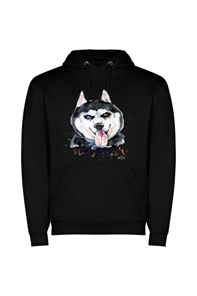 iLovePrints Elegant Husky Portrait Φούτερ με κουκούλα σε χρώμα Μαύρο