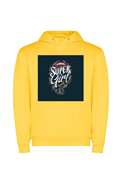 iLovePrints Super Girl Hair Φούτερ με κουκούλα σε χρώμα Κίτρινο