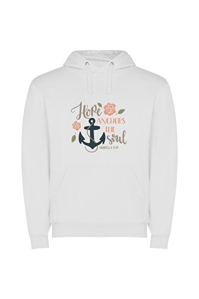 iLovePrints Hopeful Roses: Anchored Happiness Φούτερ με κουκούλα σε χρώμα Λευκό