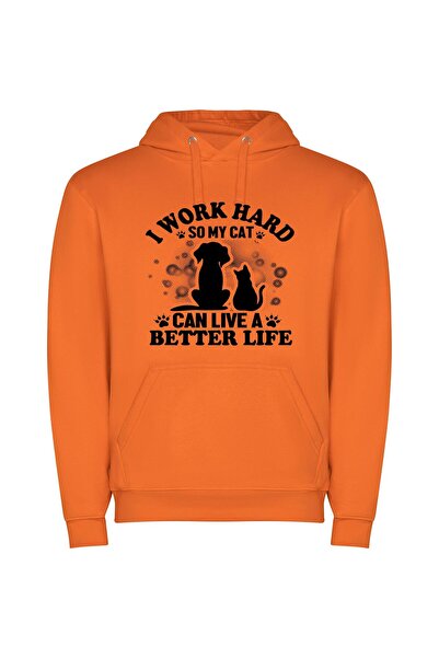 iLovePrints Purrfect Life: Working Hard Φούτερ με κουκούλα σε χρώμα Πορτοκαλί