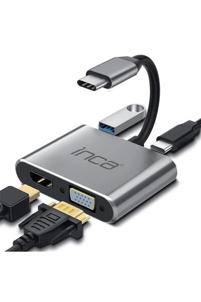 Inca ITPC-06TX USB C 4in1 – HDMI+VGA+USB+Güç Dağıtım Adap 4K@30Hz HDMI Çoklay...