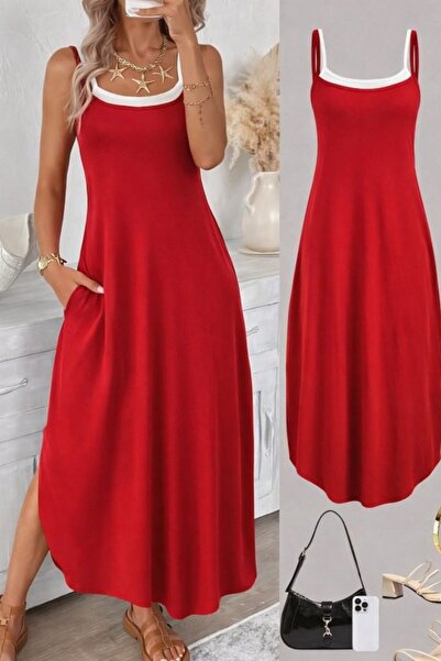 UFC 1985 TOP BRAND Women's Rope Strap Round Neck Long Viscose Dress with Pockets