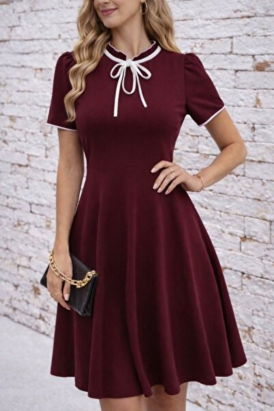 MODA ŞEHRİ Women's Short Sleeve Collar Lace-Up and Ruffled Midi Janjan Crepe ...