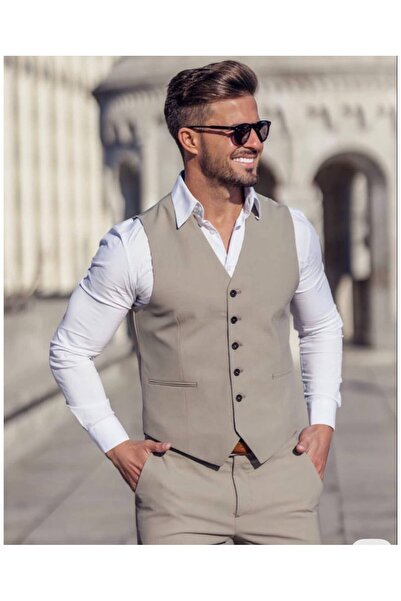 ilayda emir Men's Slim Fit Shirt, Pants, Vest Set, 3-Piece Classic Beige Groo...
