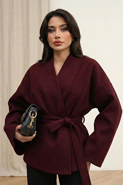 bysoca Women's Burgundy Belted Shawl Collar Oversize Low Shoulder Short Cashm...