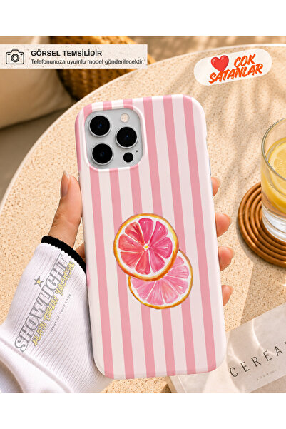İphone 16 Plus Uyumlu Pembe Greyfurt Desenli Çizgili Tasarım Telefon Kılıfı