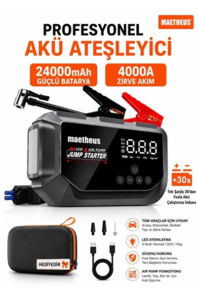 24000 mAh 4in1 Akü Takviye Cihazı | 150 PSI Kompresör | Lastik Şişirme | Powerbank | EVA Çanta | 4000A Tepe Akım
