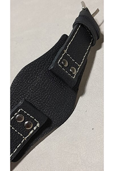 PRM Ch 2892 Siyah Deri Perçinli Bund Saat Kordonu / Kayışı