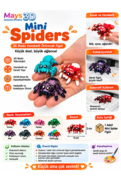 Mays3Dstudio 3D Baskı Hareketli Mini Örümcek Figürü | Esnek Fidget Oyuncak | ...