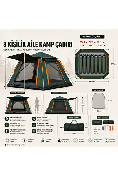 SVWILD 8 KİŞİLİK OTOMATİK AÇILIR OXFORD KUMAŞ AİLE KAMP ÇADIRI 240 x 240 x 16...