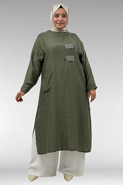 Eslina 68044 Large Size Stone Print Detailed Double Tensel Tunic - Khaki