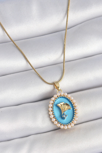 DMR Elegance 316L Steel Gold Color Chain Blue Enamel Pearl Zircon Stone Flowe...