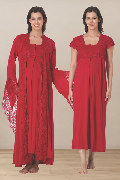 Generic Brand Lace Detailed Maternity Dressing Gown Set - Cotton Nightgown Se...