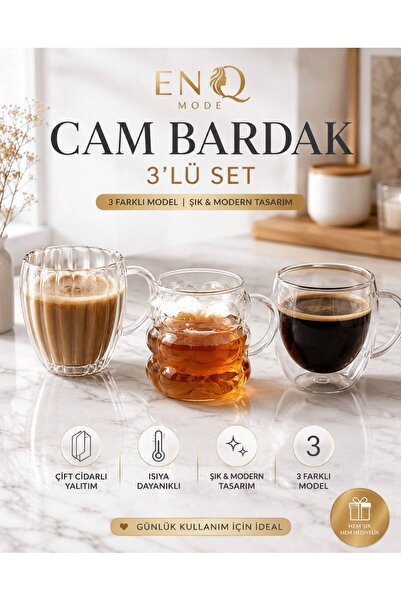 ENQ Cam Bardak 3’lü Set | Çift Cidarlı Şeffaf Cam Kupa Seti | Modern Tasarım