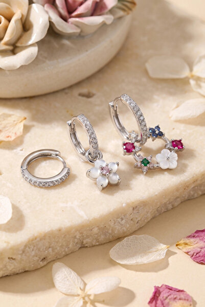ARMÜZ Set of 3 Silver Color Flower Model Earrings