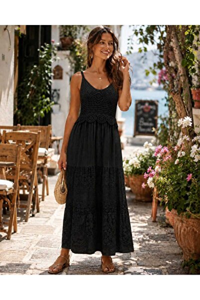 Butik Şans فستان إيطالي مطرز بالغيبور مع بطانة مطاطية من الخلف للنساء