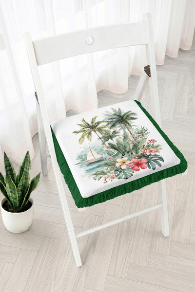 Realhomes Tropical Palm, Boat and Flower Pattern Fringed Zippered Chair Cushi...