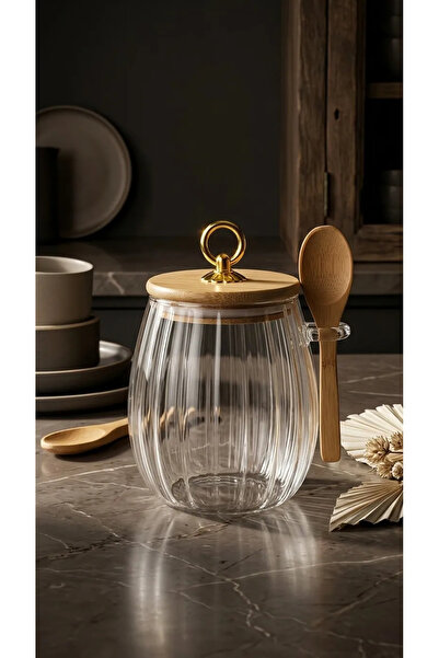 Lumindra Borosilicate Glass Jar with Ring Lid and Striped Spoon Kitchen Set 6...