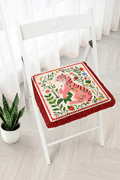 Realhomes Floral Pink Tiger Figured Fringed Zippered Chair Cushion - Bohemian...