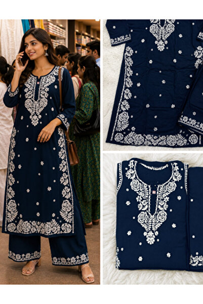 MYSMAR Navy Blue Chikankari Embroidered Kurta Palazzo Set - CHK1005 | Navy Bl...